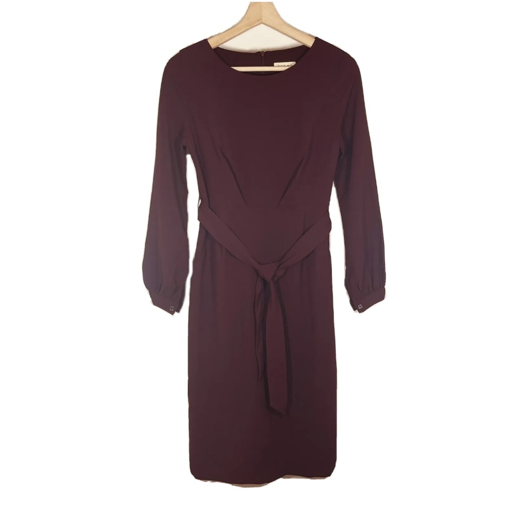 NWT Bohme Sheath Midi Dress Long Sleeves Tie Waist Burgundy Sz XS